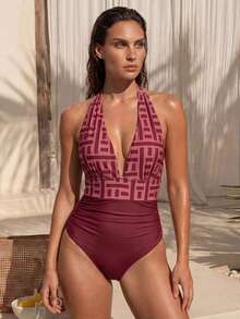 Swim Chiccia 女款幾何印花掛脖式拼色連身泳衣，適合海邊度假、泳池派對、海灘派對 - 彩色 - 查看 5