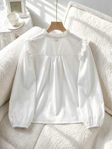 SHEIN Girls' Single Piece Elegant Solid Color Full Button-Front Shirt, Ruffle Collar, Puff Sleeve Design, 3D Bow Decor, Suitable For Daily Casual, Back To School, Vacation Wear In Spring And Autumn - White - View 2