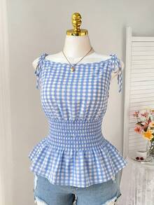 Comfortcana Plus Size Vacation Plaid Tie-Front Ruffle Hem Top Light Blue Summer Fairycore Cute Kawaii Wedding Guest Dates Date Night - Blue - View 6