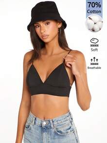 SHEIN BASICS 女款純色休閒百搭日常穿著細肩帶背心上衣 - 黑色 - 查看 1
