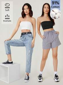 SHEIN BASICS 女款純色休閒百搭日常穿搭抹胸背心上衣 2件/組 - 彩色 - 查看 5