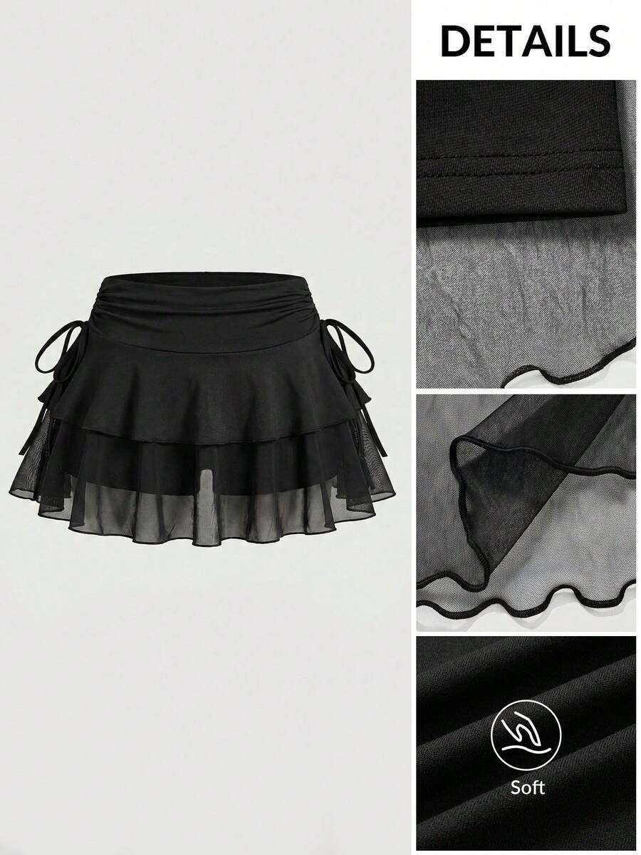 SHEIN PETITE CURVE 抽绳和折叠细节纯色蛋糕裙