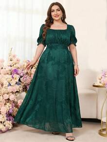 Reflora Plus Size Women Square Neck Jacquard Pleated Casual Party Dress - Dark Green - View 8