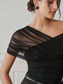Anewsta Essential Summer Fall Winter Elegant Romantic Chic Sexy Special Date Night Out Party Halloween Wedding Elastic Mesh Ruched Cold Shoulder Women's Bodysuit Black - Black - View 3