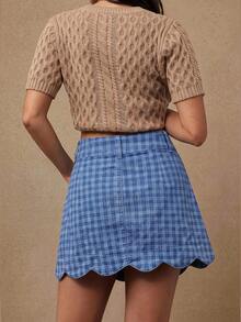 WESTFADE Scalloped Button Front Tonal Gingham Plaid Denim Mini Skirt, Autumn, Fall, Female Country Look, Cowgirl, Rodeo, Concert, Back To School - Blue - View 2