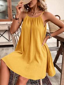 SHEIN Frenchy 夏季女款波西米亞風細肩帶陽光裙，必備夏日穿搭，婚禮季必備 - 薑色 - 查看 3