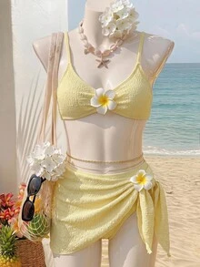 SHEIN Teen Girls' Vacation Beach Floral Decor Bikini Set - Yellow - View 1