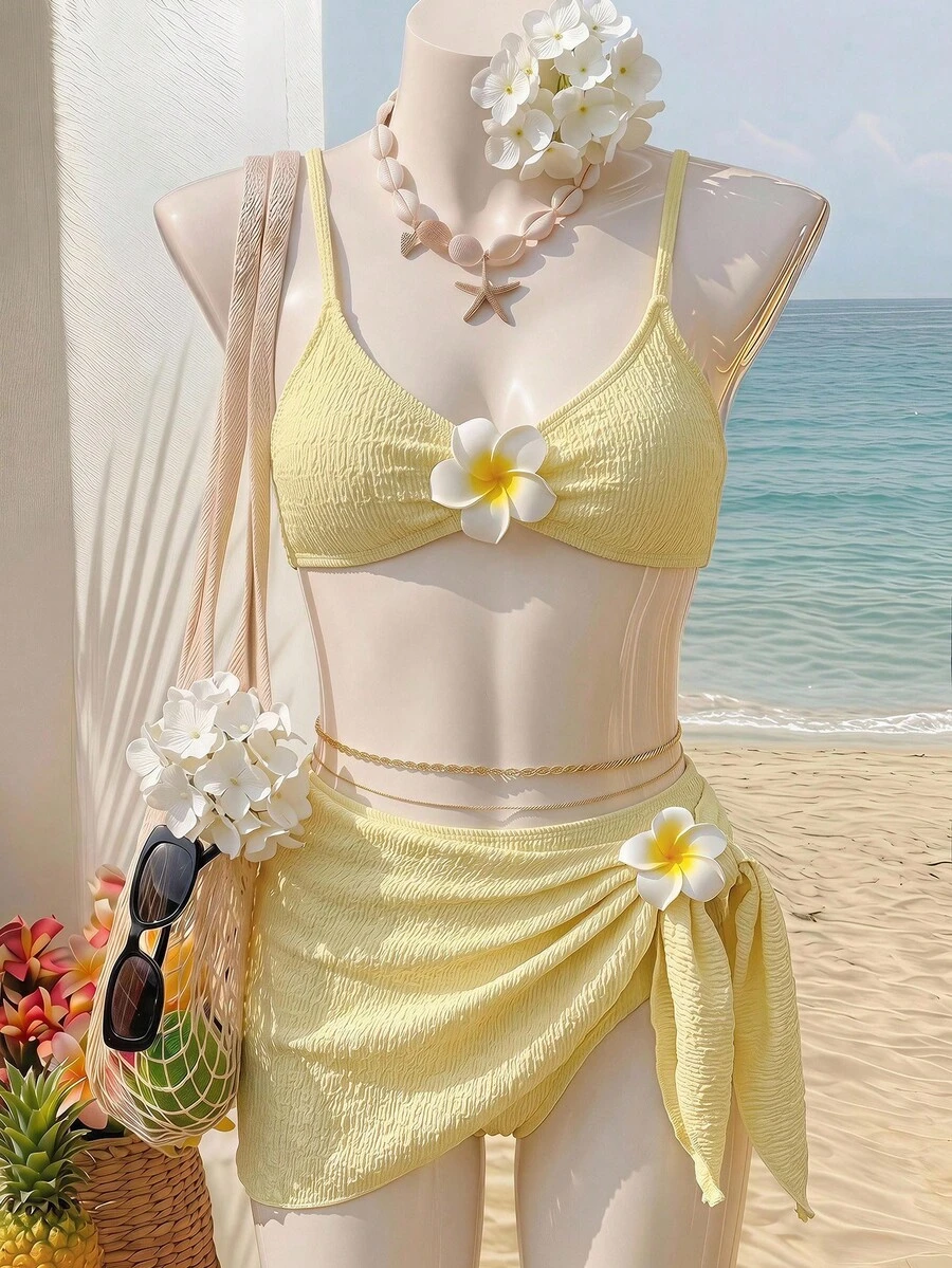 SHEIN Teen Girls' Vacation Beach Floral Decor Bikini Set - Yellow - View 1