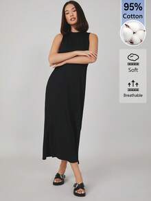 SHEIN BASICS 女款純色極簡側開衩圓領洋裝 - 黑色 - 查看 5