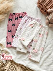 SHEIN Vintaside Kids 3件組女嬰休閒百搭可愛花朵蝴蝶結水果印花毛絨褲，適合秋冬、室內、戶外、度假、日常穿著 - 彩色 - 查看 3