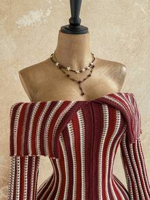 Soleia Colorblock Striped Off-Shoulder Bell Sleeve Mini Knit Dress - Multicolor - View 3