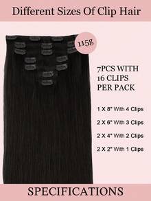 7 PIEZAS Extensiones de cabello con clip recto 100% cabello humano real de 14-24 pulgadas 115G Doble trama Extensiones de cabello con clip invisibles Cabello humano Remy natural para uso diario de mujeres y niñas - S1B - Ver 3