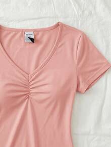 SHEIN Tween Girl Tween Girls Pink V-Neck Ruched Chest Lace Patchwork Short Sleeve T-Shirt - Pink - View 3