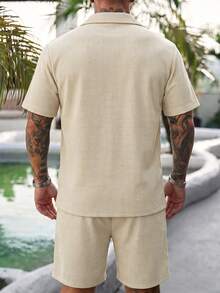 Manfinity Dauomo Men's Solid Color Turn-Down Collar Single-Breasted Short Sleeve Shirt And Elastic Waist Shorts Set - Khaki - View 3