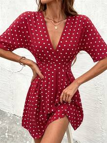 SHEIN 女款 V 領波點百褶休閒約會旅行洋裝 - 紅色 - 查看 5