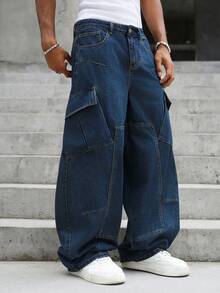 Manfinity EMRG American Vintage Structural Design Blue Washed Workwear Large Pocket Loose Curved Leg Denim Pants - Blue - View 6