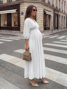 MaterniWear 孕婦優雅休閒白色洋裝，適合上班、拍照、嬰兒洗禮、純色V領短袖夏季婚禮 - 白色 - 查看 6