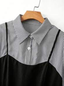 GlowEve CURVE Women's Plus Size Blue Striped Patchwork Black Camisole Tank Top 2 In 1 Woven Fabric Collared Shirt Short Sleeve Cinched Waist Straight A-Line Casual Elegant Sophisticated Daily Wear Home Outing Office Beach Vacation Holiday Party Date Wedding Guest Student Outfit Blue Women's Casual Mid-Length Dress - Multicolor - View 7