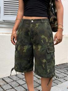 SHEIN ICON 大尺碼時尚迷彩印花鈕扣口袋牛仔短褲 - 軍綠色 - 查看 4