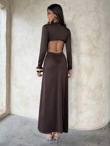 Aloruh Dark Brown Autumn/Winter Sexy Mature Elegant Deep V-Neck Party Dinner Night Bar Dress With Metallic Decor And Ribbon Accents Fitted Dress For Women - Brown - View 4