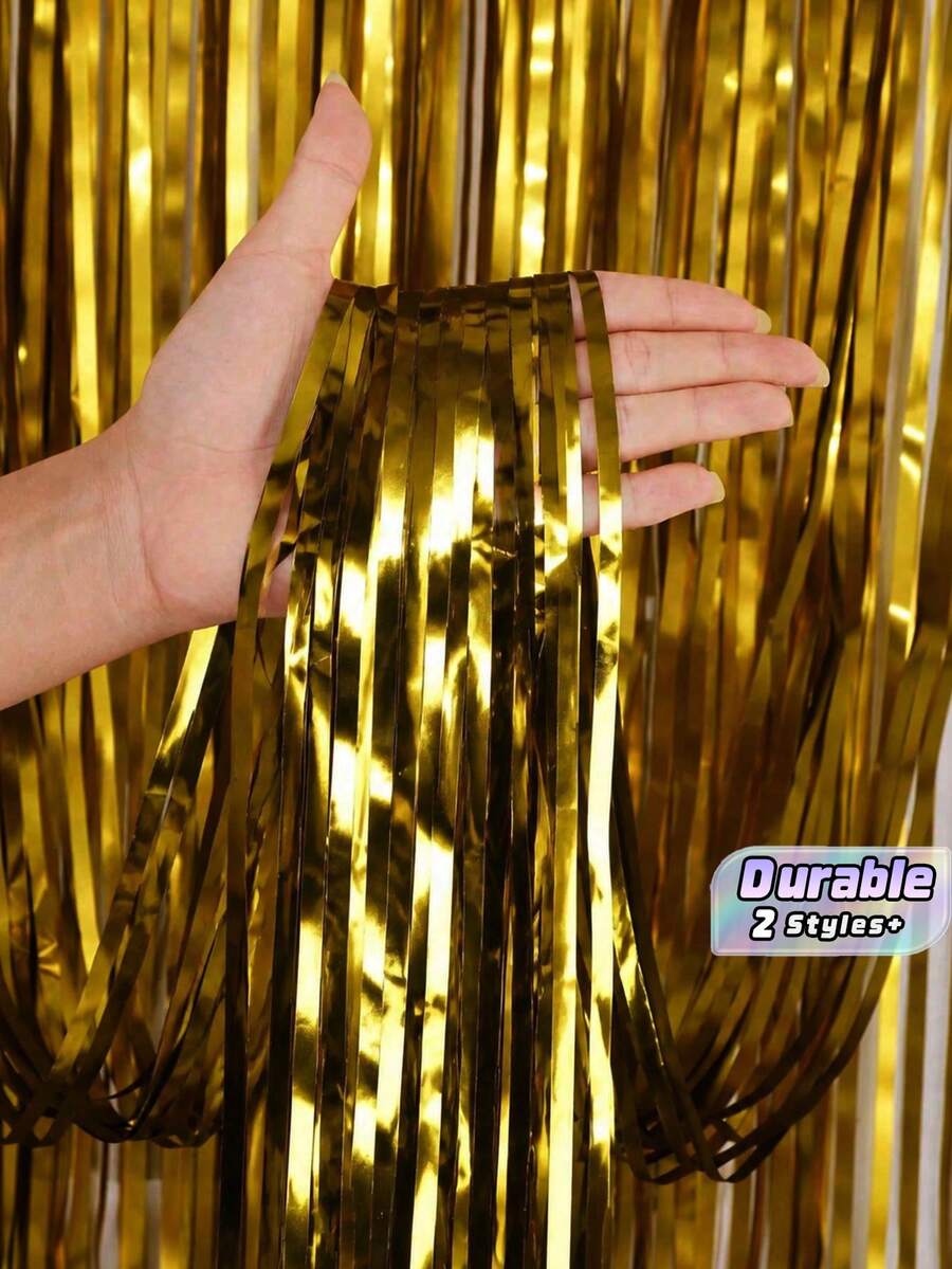 1/2入 金色箔流蘇背景簾 100x200cm,PE箔金屬色亮片流蘇派對裝飾,適用拍照亭、婚禮、生日、新娘派對、單身女派對,可掛牆門簾,室內外活動用品 - 多色 - 查看 1