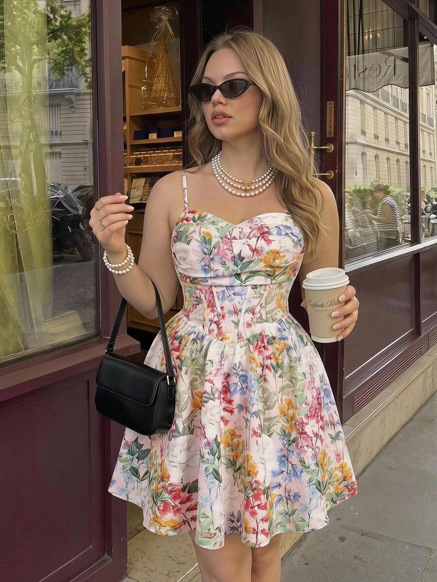 SHEIN MOD 大尺碼女款粉色碎花細肩帶洋裝，浪漫優雅