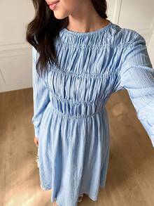 Solavon Women's Solid Color Round Neck Long Sleeve Pleated Elegant Modest Dress Tea Party Brunch Baby Blue Fall - Blue - View 5