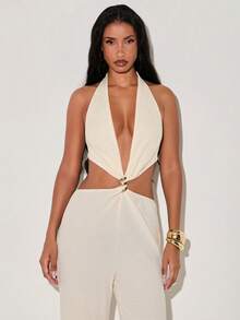 Normani Summer/Autumn Festival Party Prom Graduation Prom Casual Vacation Country Y2k Women's Solid Color Halter Tie Backless Metal Decor Daily Jumpsuit - Apricot - View 6