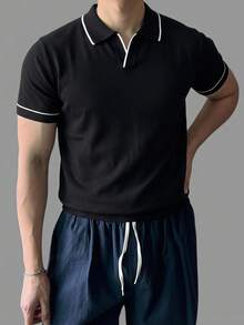 DAZY 夏季半拉鍊純色白色配黑邊男士針織上衣 - 黑色 - 查看 5