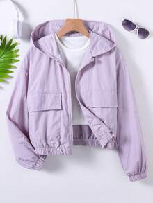 SHEIN Sparklyn 青少年女孩純色連帽拉鍊休閒百搭日常外套 - 淡紫色 - 查看 1