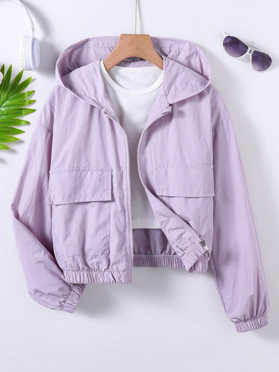 SHEIN Sparklyn 青少年女孩純色連帽拉鍊休閒百搭日常外套 - 淡紫色 - 查看 1
