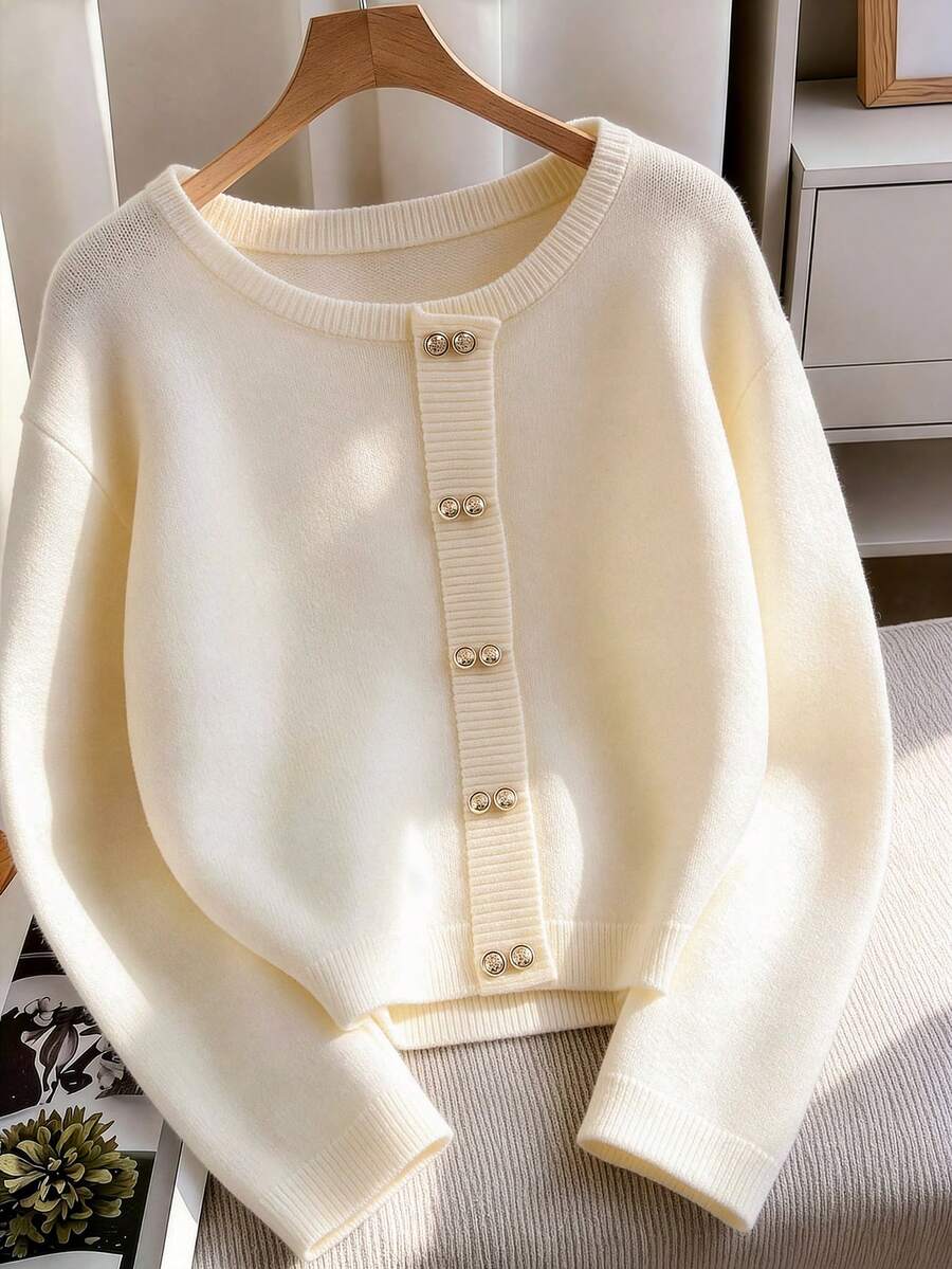 GlowEve CURVE Plus Size Casual Round Neck Decorative Button Long Sleeve Pullover Sweater - Apricot - View 1
