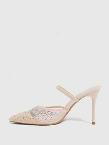 CUCCOO SZL Women Shoes Line Mesh Hot Diamond Pointed Toe Thin Heel Back Tripple Strap Sandals Light Ripe Fairy Style Spring And Summer Models Suitable For Wedding - Apricot A - View 4