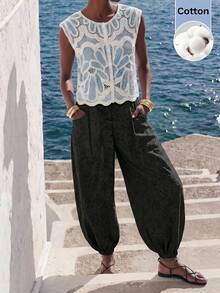 Maija Women's Solid Color Hollow Embroidery Cuffed Long Pants Suitable For Autumn Daily Wear Brunch Beach Vacation Black Boho Conservative Flowy - Black - View 7