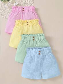SHEIN Sparklyn 4件組女童條紋鬆緊腰寬鬆夏季短褲套裝 返校季 - 彩色 - 查看 4