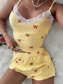 SHEIN Casual Underwear&Sleepwear 女款蕾絲拼接條紋蝴蝶結印花細肩帶背心與短褲睡衣套裝 - 黃色 - 查看 1