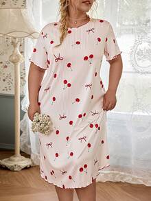 CottageSlumber Plus Size Women's Frill Trim Ribbed Knit Cherry Print Nightgown - White - View 8