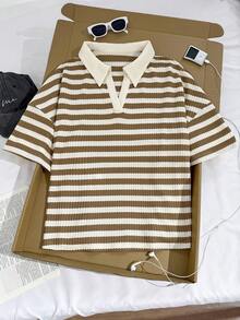 Comfortcana White Pattern Polo Collar Plus Size Short Sleeve T-Shirt Suitable For Summer Wear Back-To-School 90s Teacher Graduation Bussines Casual 1920s - Brown - View 4