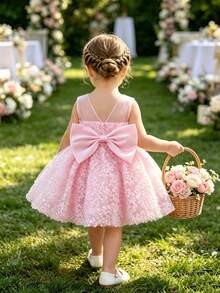 SHEIN Glamorique Kids 女嬰粉色洋裝，3D刺繡設計，背後附可拆卸大緞面蝴蝶結，適合婚禮、家庭聚會、高端親子下午茶、晚宴、生日派對、寶寶週歲派對、日常拍照、度假穿著、畢業舞會，夏季無袖洋裝 - 粉色 - 查看 2