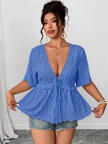 Elenzga Áo blouse size lớn vải thêu rỗng cổ chữ V tay ngắn chiết eo dáng chữ A gấu bèo thắt nơ trước, thanh lịch thường ngày đi làm hẹn hò tiệc tùng du lịch - Xanh đậm - Xem 4