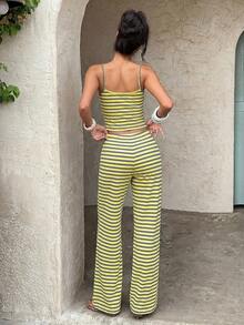 Aloruh Setelan Kasual Musim Panas/Semi Wanita Warna Kuning Minimalis Bergaris Motif Blok Warna untuk Liburan, Atasan Camisole dan Celana Panjang dengan Tali Pinggang, 2 Potong - Kuning - View 2
