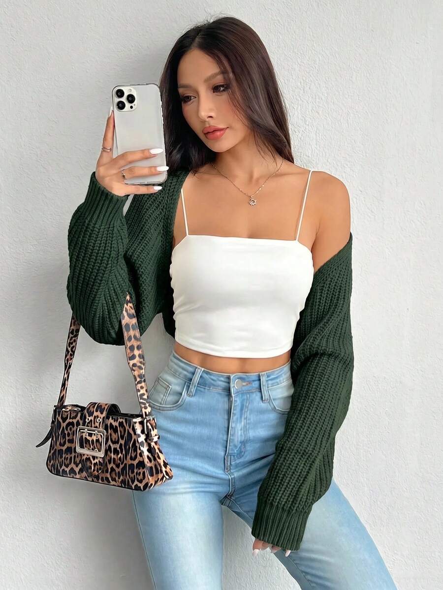 SHEIN PETITE 女款素色長袖休閒開襟衫 - 軍綠色 - 查看 1