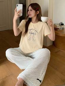 DAZY 女款蝴蝶結印花短袖上衣與波點印花長褲睡衣套裝 - 黃色 - 查看 5