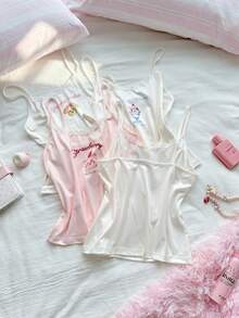 SweetSlumber Women's Sweet & Cute Lace Camisole Dessert Ice Cream Cookie Print Knit Pajama Tops 4pcs Set - Multicolor - View 4