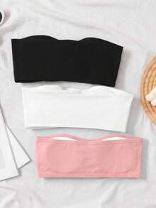 SHEIN Tween Girl 3件組休閒抹胸內衣背心內褲套裝，黑白粉色，四季適用 - 粉色 - 查看 2
