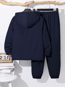 SHEIN 2件組兒童小男孩休閒日常百搭舒適拼接連帽半拉鍊套頭寬鬆長袖外套與寬鬆錐形長褲梭織套裝，適合學校、花園、海灘、生日，春夏季秋季 - 藏蓝色 - 查看 3