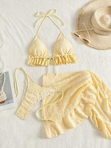 Swim Mod 3-Piece Textured Halter Bikini Set With Ruffle Cover Up Skirt - Pale Yellow - View 6