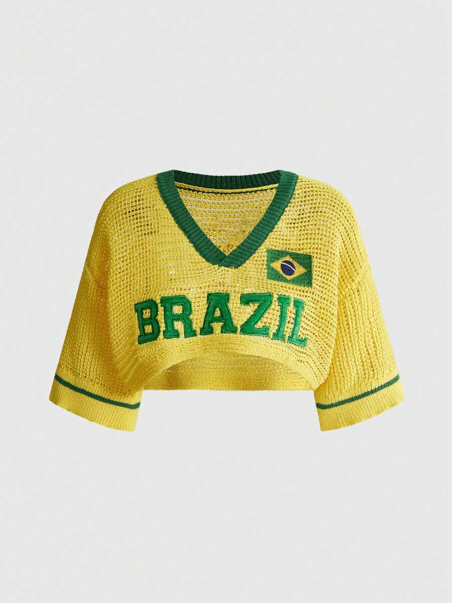 ROMWE Summer Outfits World Cup Sports Style Brazil Colorway Loose Cropped Knit Top - Yellow - View 1