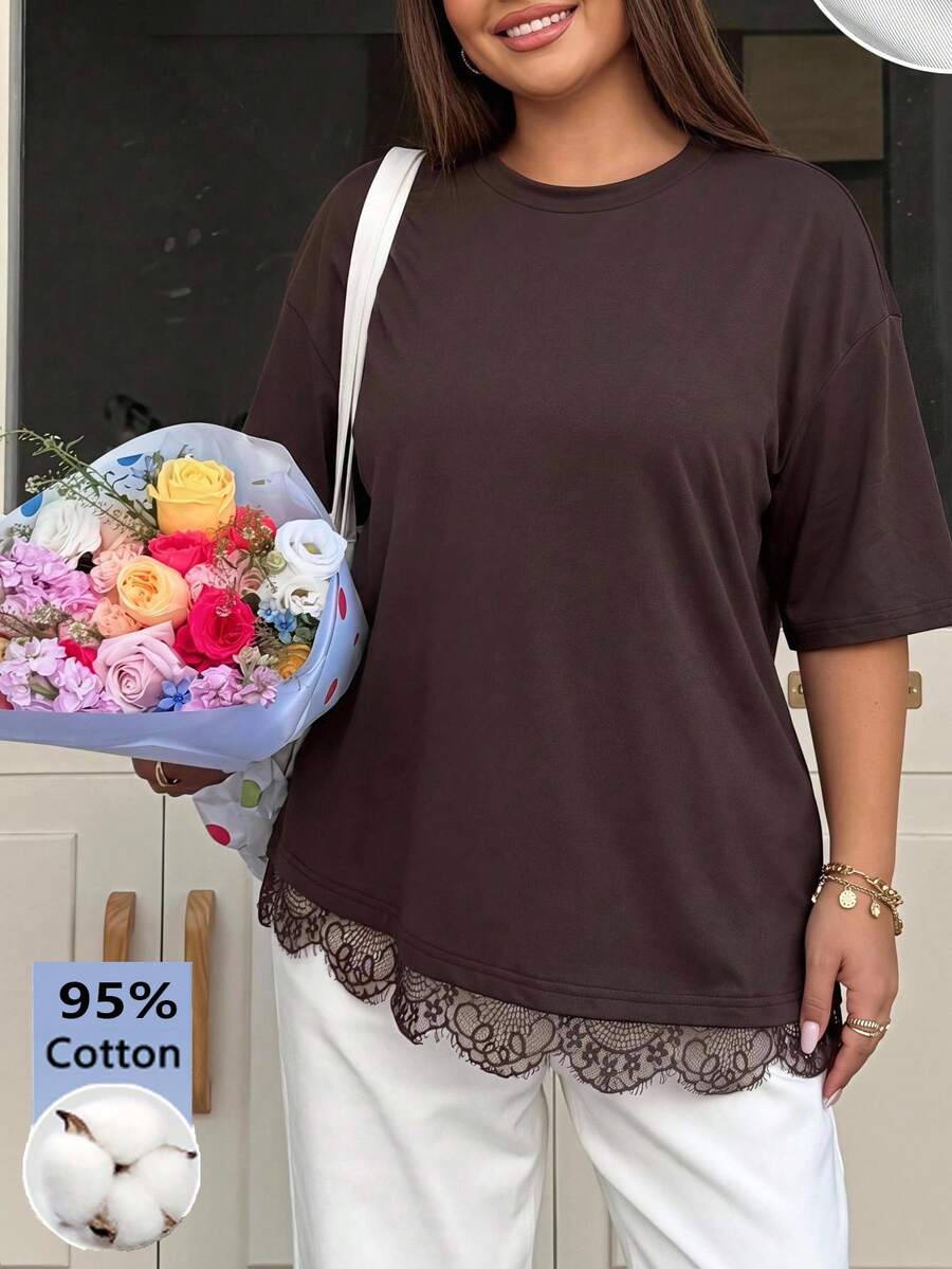 Muchica Women's Plus Size Lace Patchwork Asymmetrical Hem Crew Neck T-Shirt - Brown - View 1