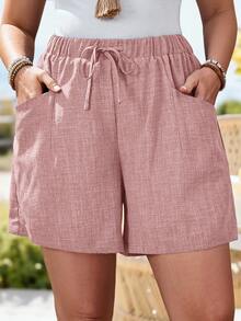 Rosumi Plus Size Women's Solid Color Pocket Pink  Shorts, Summer Vacation - Dusty Pink - View 2